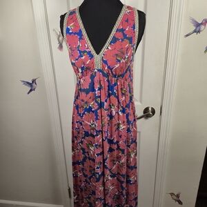 Lucky Brand Floral Maxi Dress Pink and Blue w/ Braided Trim Boho Chic Size S
